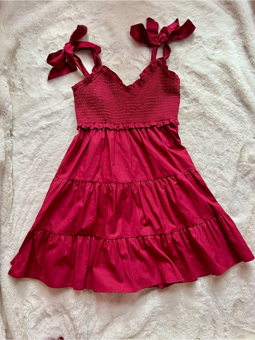 Altar’d State Berry Satin Bow Strap Tiered Mini Dress Smocked Cottagecore